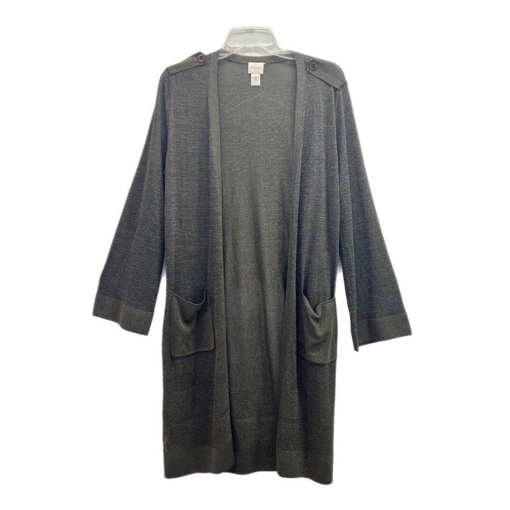 Chicos Open Cardigan Size 1 Medium Green Metallic Shimmer Duster Lightweight